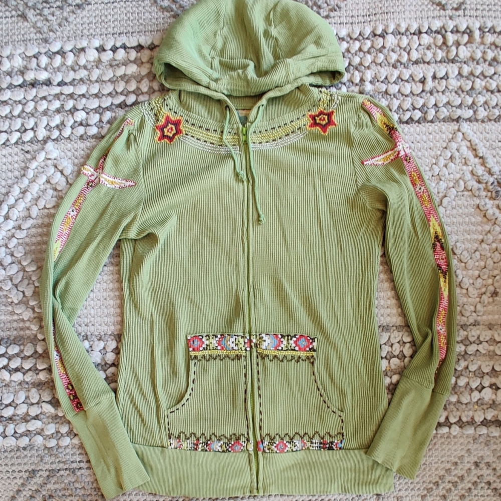 VINTAGE 90s FREE PEOPLE EMBROIDERED THERMAL ZIP HOODIE In Green Size Medium - Picture 2 of 6